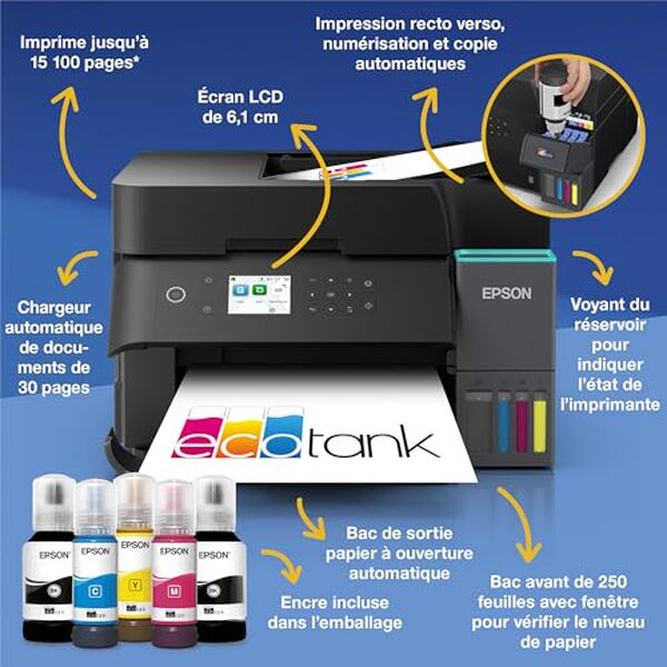 Découvrez notre test détaillé de l'imprimante Epson EcoTank ET-3950 avec réservoirs d'encre haute capacité, idéale pour le télétravail et les petits bureaux.