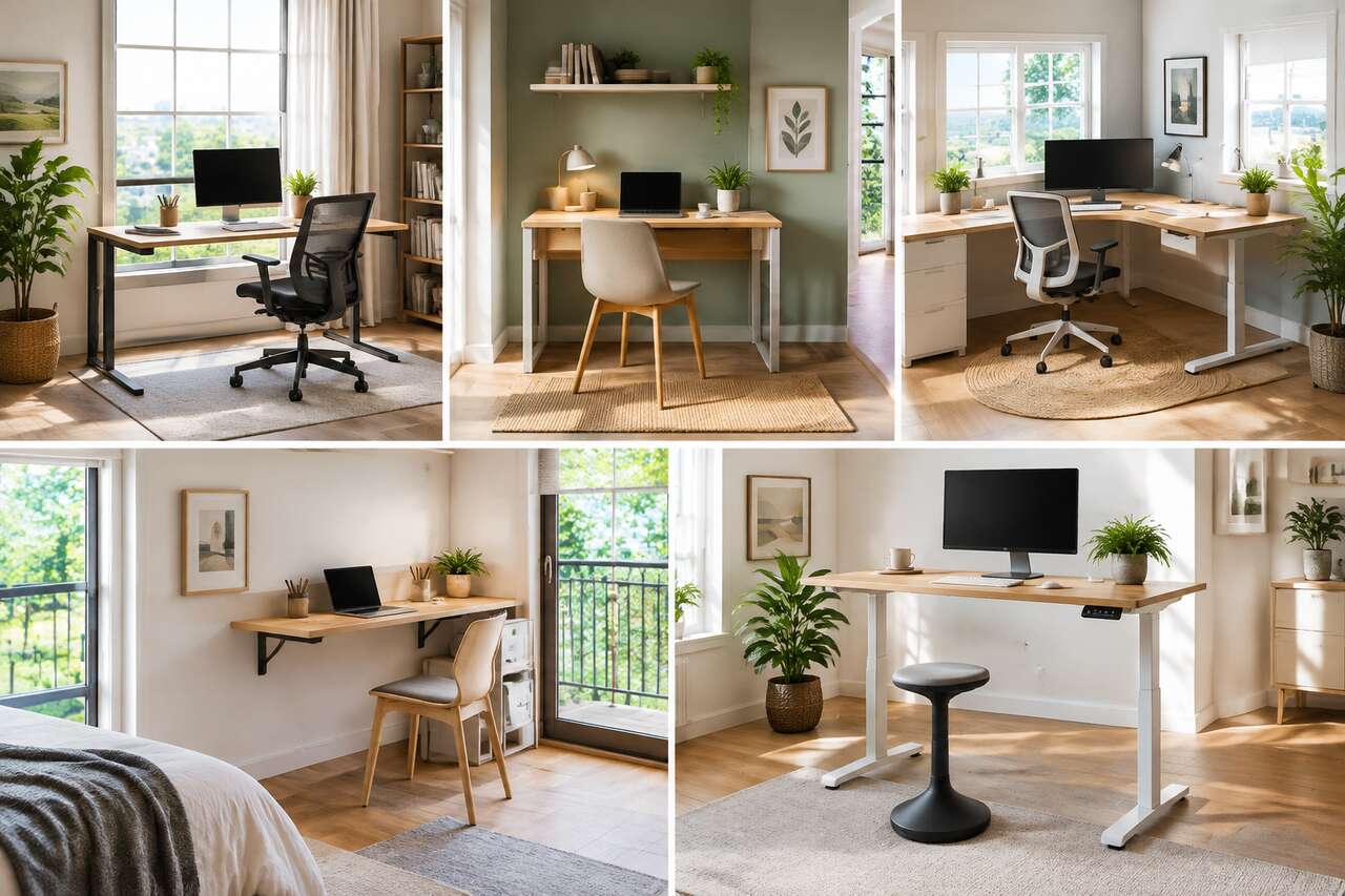 Types de bureaux: droit, compact, angle, mural, assis-debout Types de bureaux: droit, compact, angle, mural, assis-debout