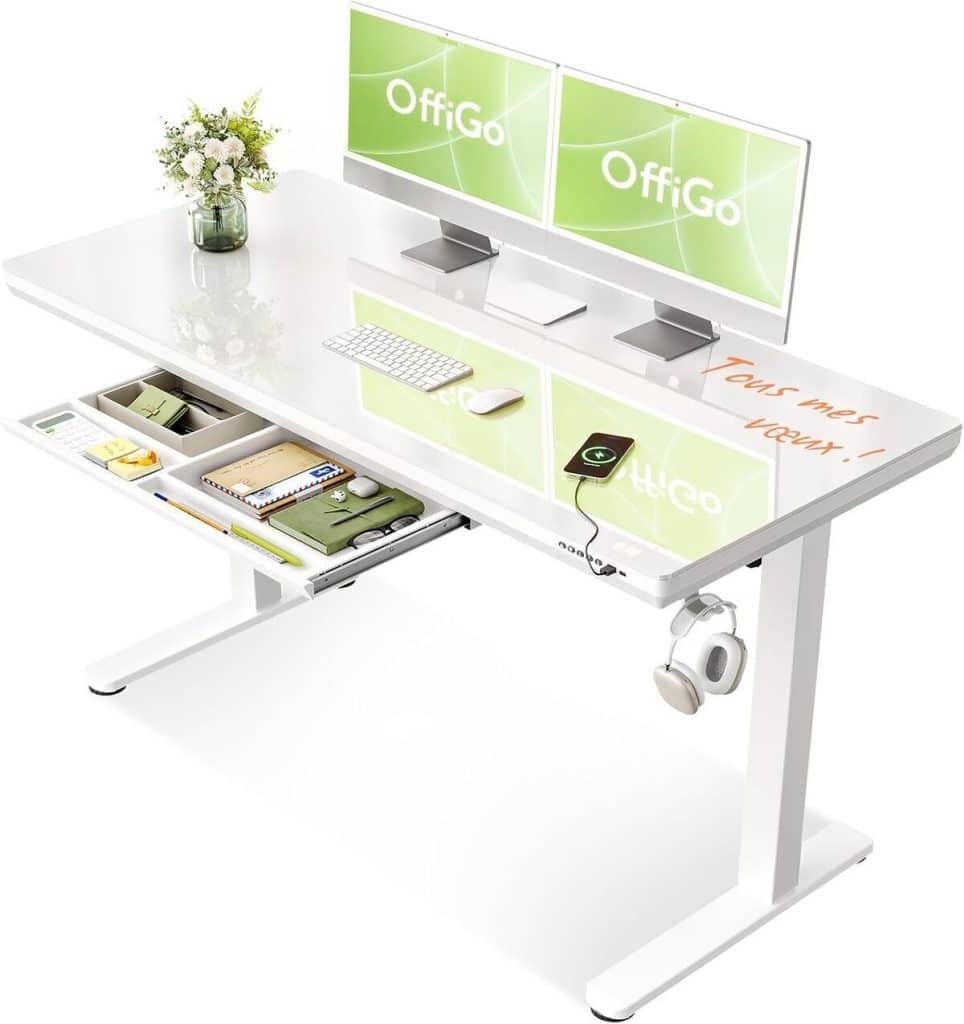 Test du bureau assis debout OffiGo en verre blanc 140x60 cm avec tiroir