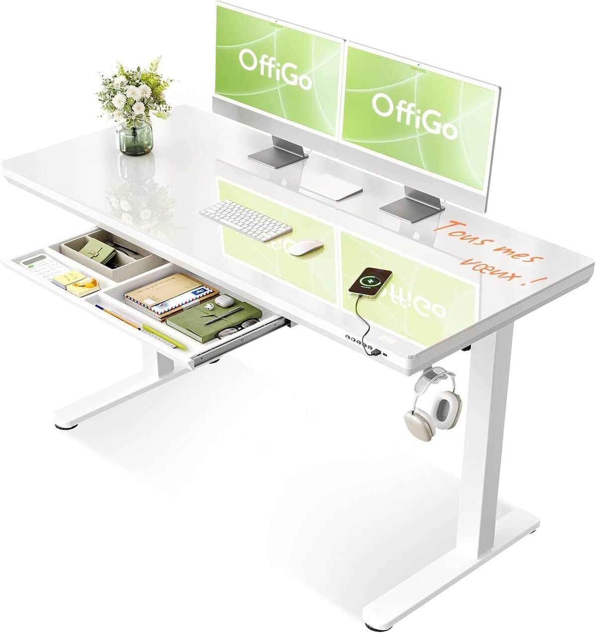 Test du bureau assis debout OffiGo en verre blanc 140x60 cm avec tiroir